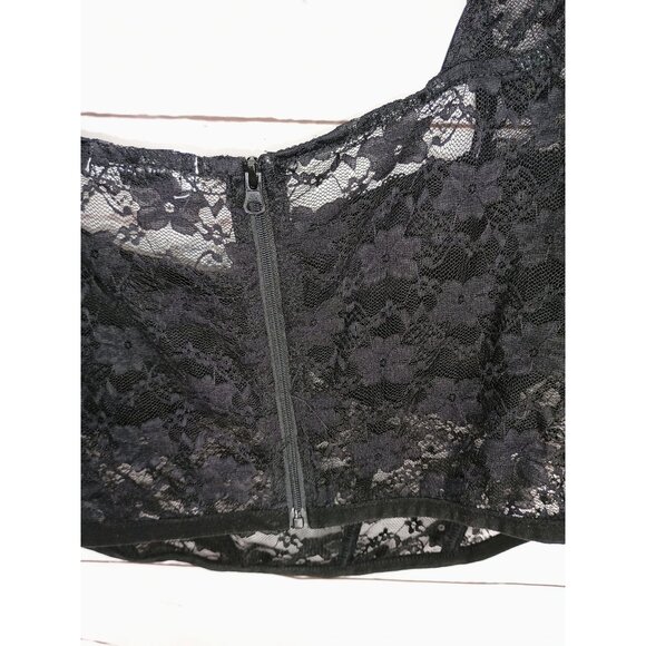 Faded Rose Black Sheer Lace Bustier Crop Top With Cap Sleeves & Back Zipper Clos - Picture 5 of 15